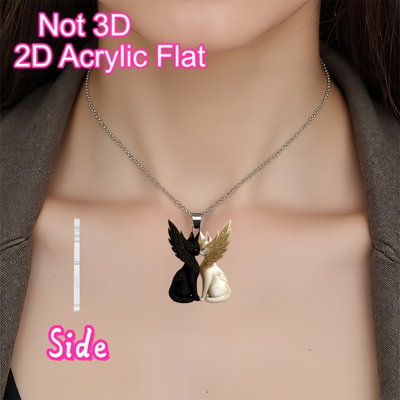 2D Flat Fashionable Cute Black and White Winged Cat Necklace Pendant